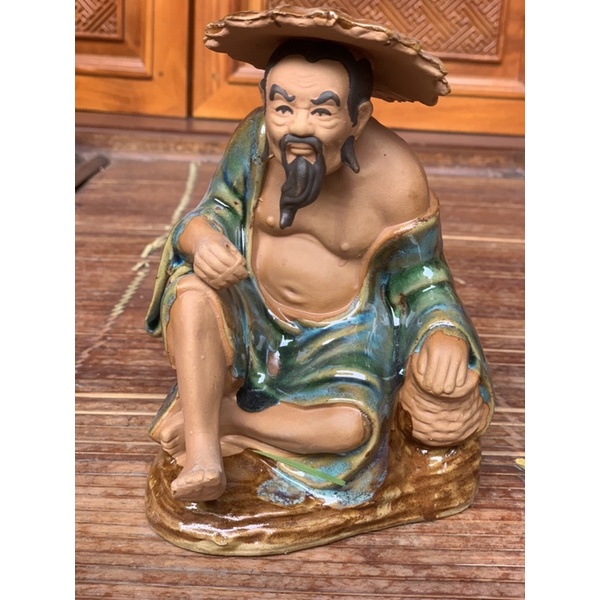 Tượng Lão vọng câu cá h18 cm men xanh lá gốm sứ Bát Tràng
