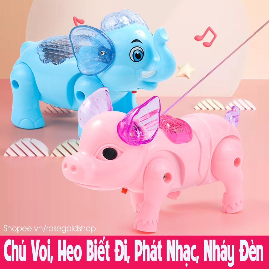 Đồ Chơi Chú Voi, Heo Biết Đi, Phát Nhạc, Nháy Đèn (Có Dây Dắt) Cực Đáng Yêu