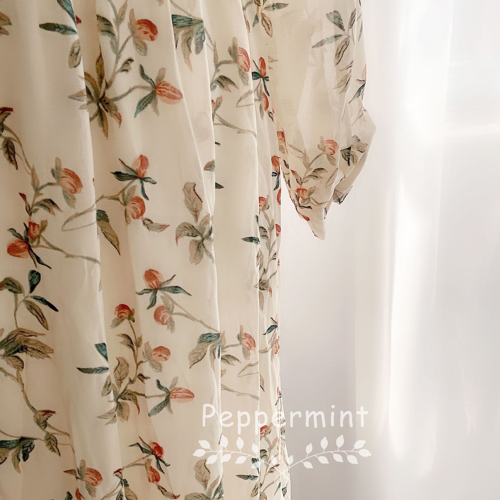 Đầm chiffon Peppermint 29892 cổ chữ V ôm eo họa tiết hoa thời trang cho nữ