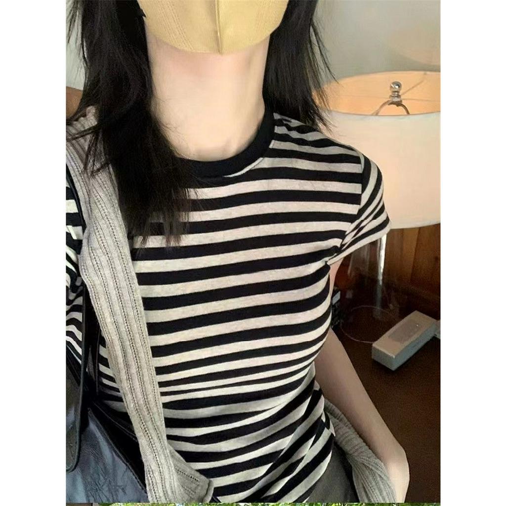 Ethelgirl Áo Thun Tay Ngắn Cổ Tròn Họa Tiết Kẻ Sọc Thời Trang Hàn Quốc Dễ Phối Đồ Cho Nữ