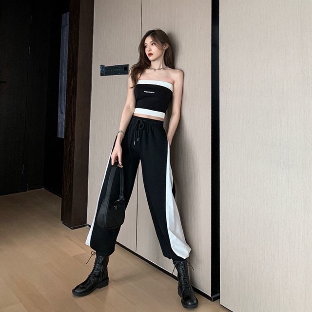 Set Áo Quây và Quần Jogger Đen Trắng