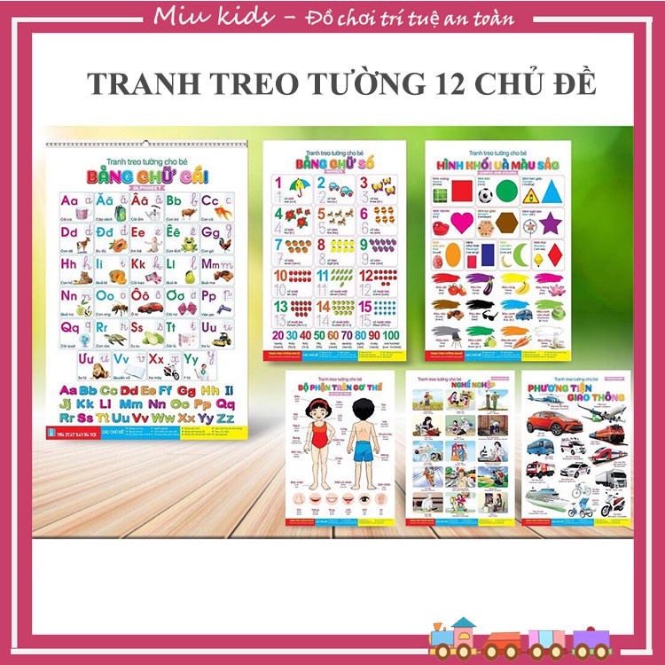 [NHẬN QUÀ 0đ] Bộ tranh treo tường cho bé 12 chủ đề song ngữ tiếng Anh và tiếng Việt, bảng chữ cái cho bé