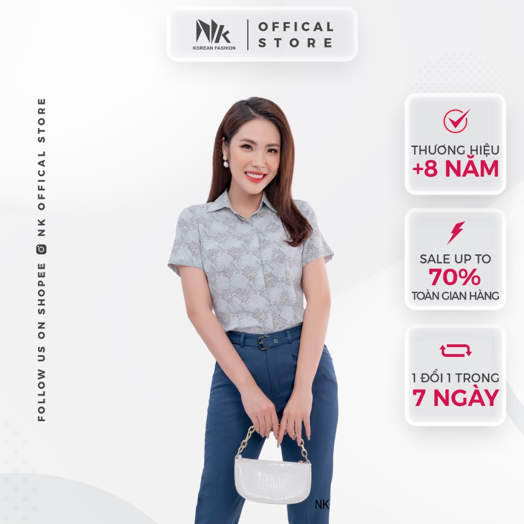 Áo Sơ Mi Nữ Cổ Đức Cộc Tay Hoạ Tiết NK FASHION, Thiết Kế Dáng Suông Công Sở Thoáng Mát NKSM2104019