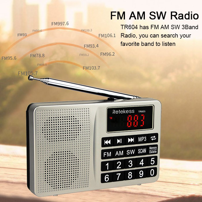 Máy Nghe Nhạc MP3 Thu Sóng Radio RETEKESS TR603 AM FM Kỹ Thuật Số Hỗ Trợ Thẻ TF Sạc Pin Li-Ion