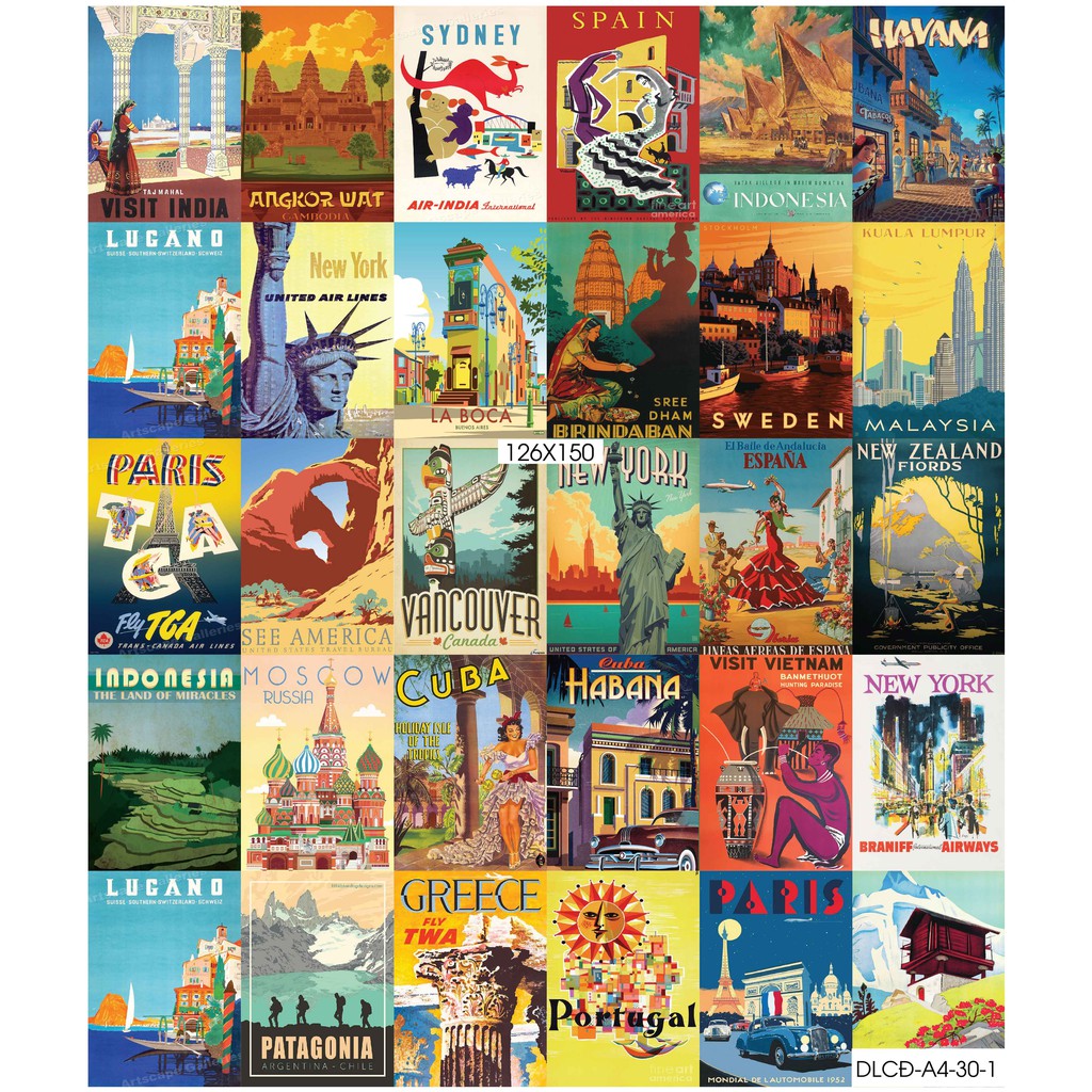 Combo Set 50 tờ Decal dán tường chủ đề Du lịch cổ điển