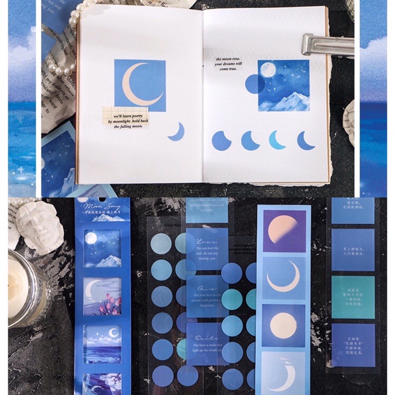 Set 6 dải sticker nhựa PET dán trang trí bullet journal chủ đề Tình Khúc Ánh Trăng
