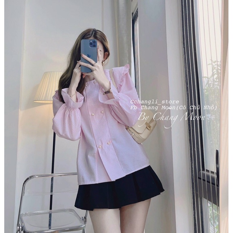 set áo sơmi sọc xanh hồng cổ sen nút ngọc tay loe + chân váy đen xếp ly (ảnh thật)