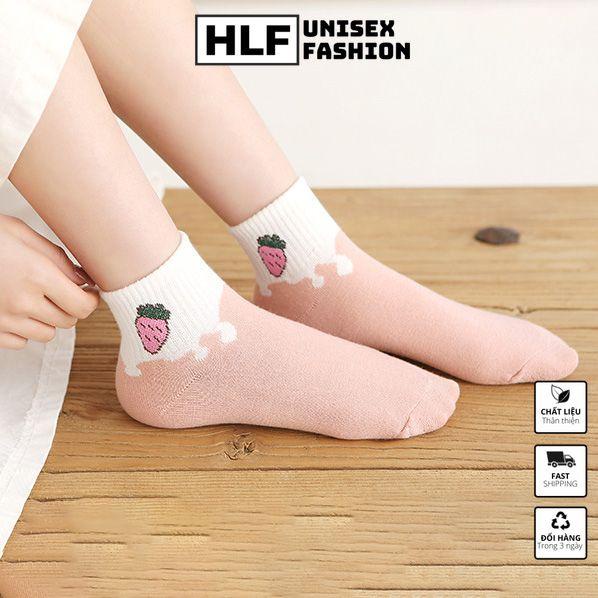 Tất vớ nữ Cotton cổ tròn in 5 hình cherry chuối, tất vớ cổ ngắn HLFashion
