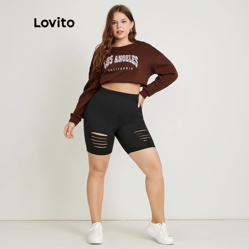 Quần short rách Lovito plus size lưng thun màu trơn phong cách thường ngày LPS02073 (màu đen)