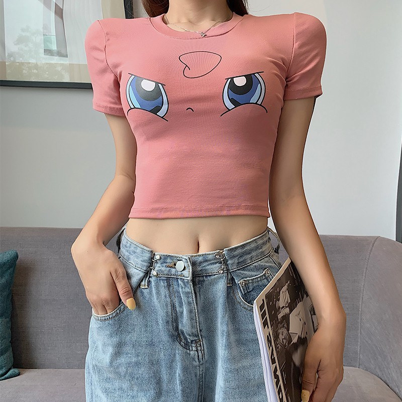 Áo thun croptop tay ngắn in hình Pikachu dễ thương