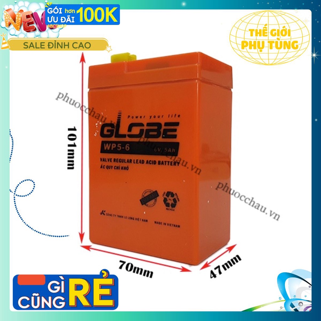 Ắc quy khô GLOBE WP5-6 6V-5AH Bình ắc quy khô 6v cho xe điện trẻ em ,đèn khẩn cấp,quạt sạc