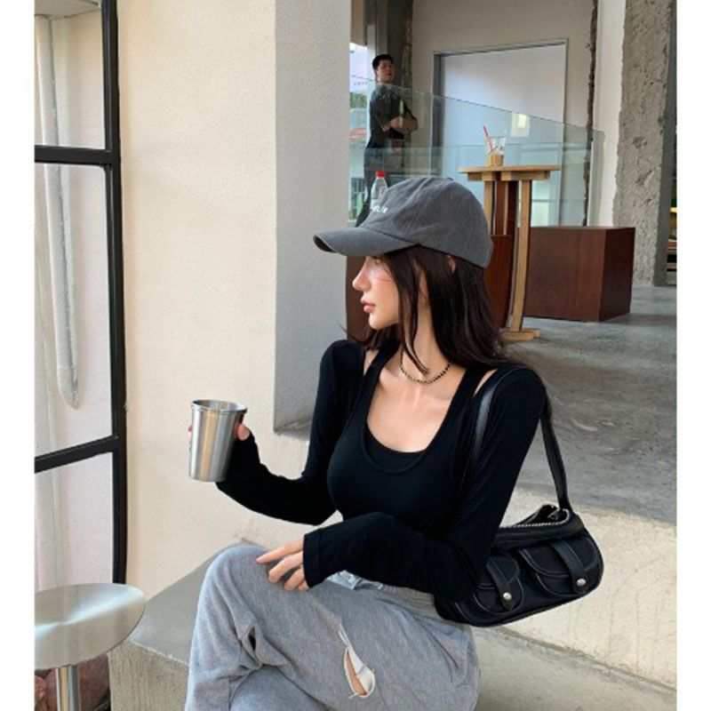 Áo thun IELGY tay dài màu trơn phong cách retro cho nữ