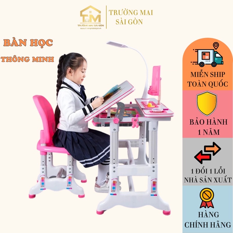 bàn học thông minh cho bé trai bé gái Trường Mai Sài Gòn kết hợp ngăn kéo kệ sách hiện đại có đèn LED chống cận cho bé