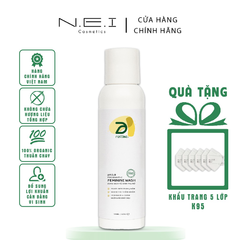 [Quà Tặng 1 Cái Khẩu Trang K95] Dung dịch vệ sinh phụ nữ NATTIME - Dung dịch vệ sinh Men vi sinh thuần chay - 120ml