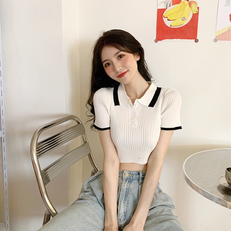 Áo len montoghi mỏng dáng croptop cổ bẻ