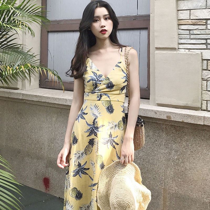 Váy Maxi 2 Dây Đẹp Đầm Body Đi Biển Hở Lưng Họa Tiết Quả Dứa Dáng Dài Xinh Xắn V00002 | BigBuy360 - bigbuy360.vn