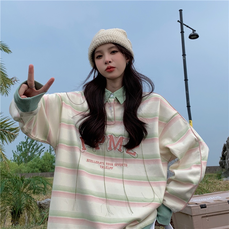 SUXI Áo Thun POLO Dài Tay Họa Tiết Kẻ Sọc Thời Trang Thu Đông Đơn Giản Cho Nữ