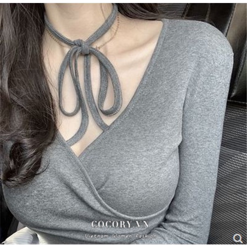 Áo croptop tay dài cổ chữ V đan chéo gợi cảm có 3 màu cho nữ
