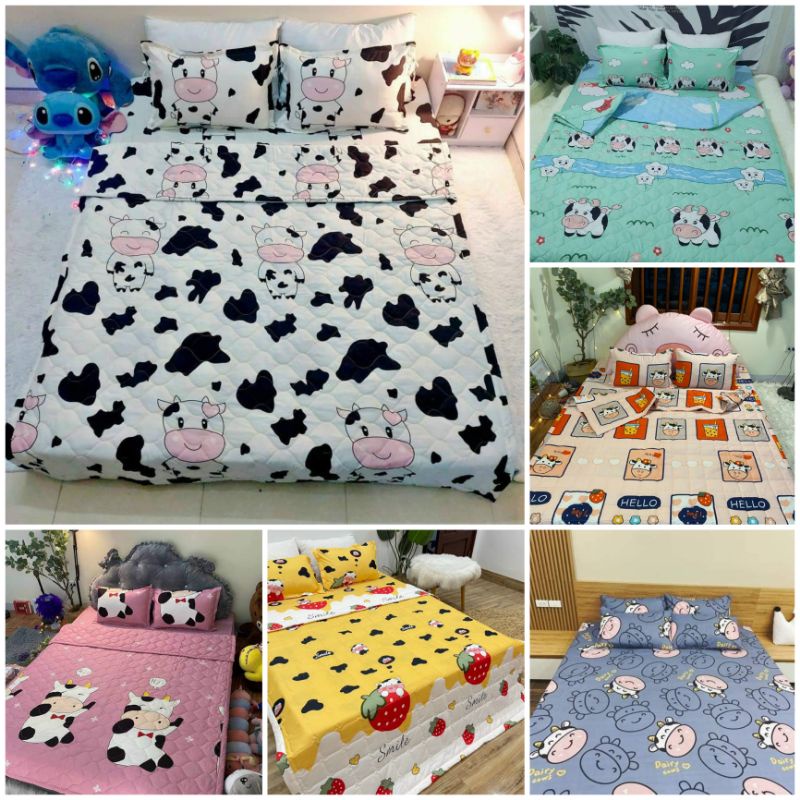 Bộ chăn ga gối mẫu bò sữa set hè 5 món cottong poly