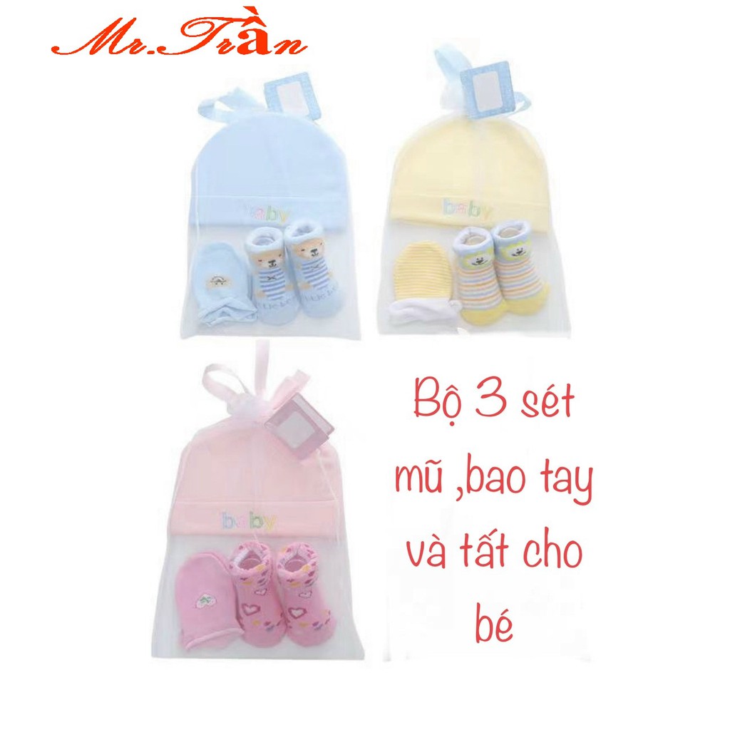 set 3 bộ sơ sinh cho bé gồm Mũ Bao chân Bao tay cotton