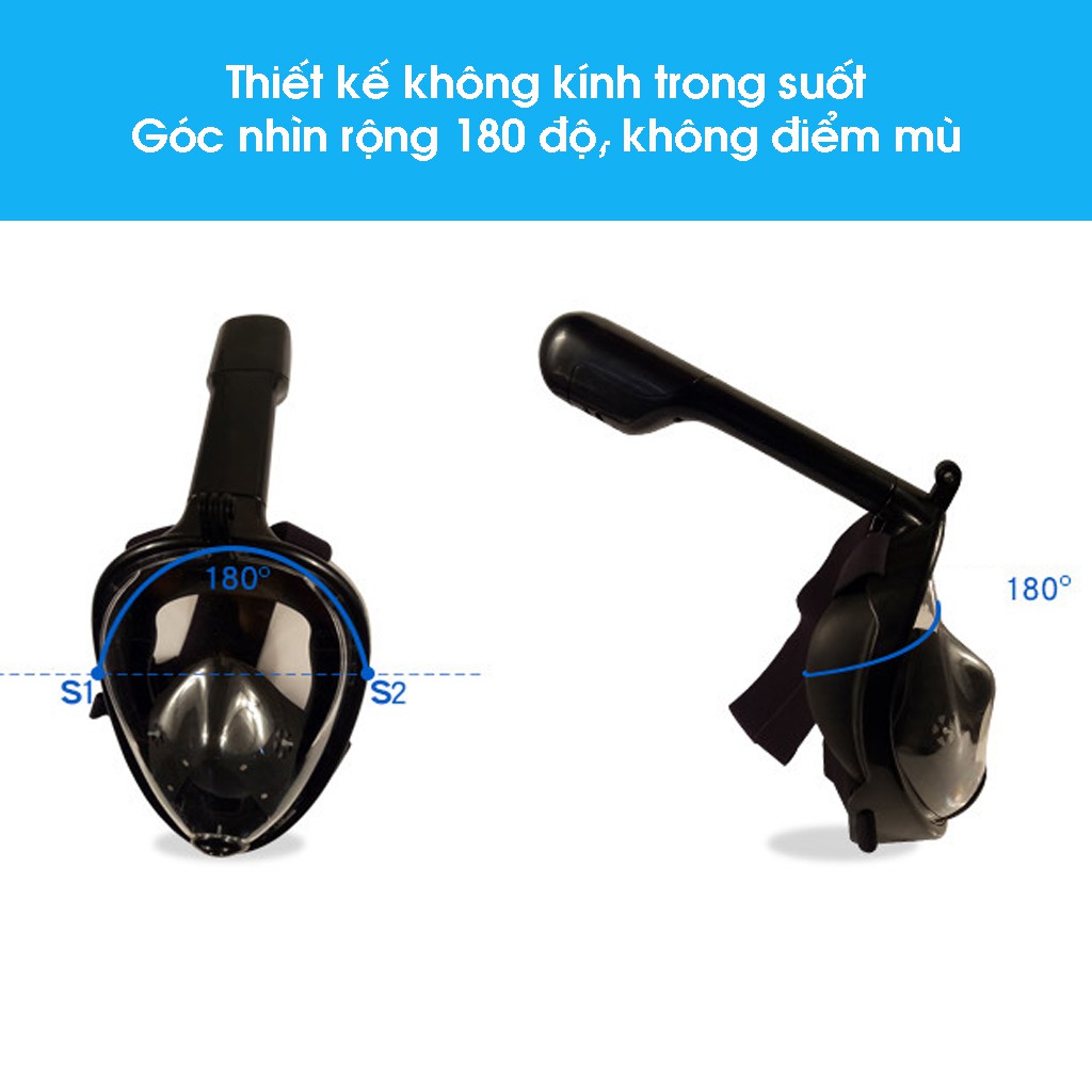 Mặt nạ lặn kính lặn biển Fullface gắn ống thở góc nhìn 180 độ, gắn được camera hành trình ngắm san hô cực đỉnh