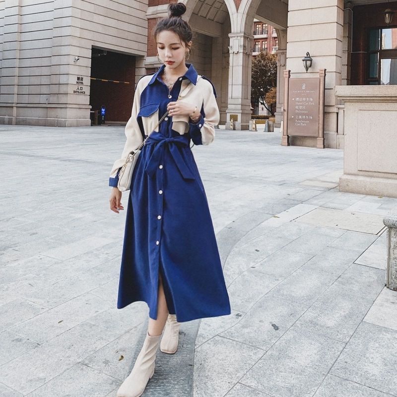 Platycodon grandiflorum French splicing dress Women's medium-long style 2022 Spring and Autumn New style long-sleeved Hepburn style long dress
