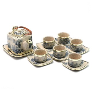 Bộ ấm chén dáng vuông bọc đồng men rạn Bát Tràng