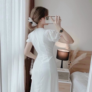 Đầm váy freesize trắng nút bọc xẻ tà