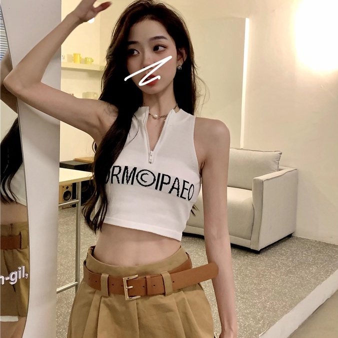 Áo dệt kim ZHELIHANGFEI sát nách hở eo phối khóa kéo thời trang cá tính cho nữ