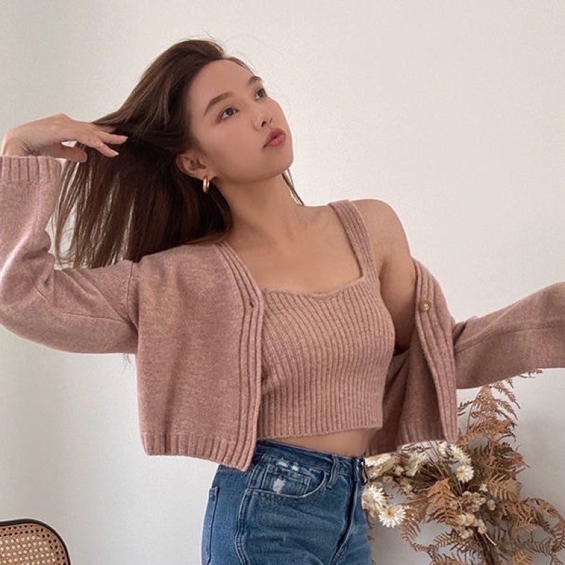 Sét áo cardigan len 1 cúc kèm áo 2 dây len bản to-video cận chất len mịn