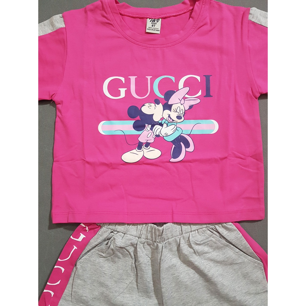 Bộ thun cotton quần short kiểu thể thao in mickey bé gái