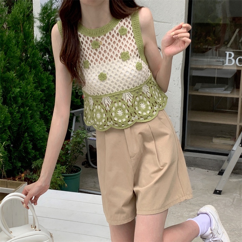 Áo Tank Top Dệt Kim Sát Nách Dáng Ngắn Phối Lỗ Lưới Thời Trang Cho Nữ
