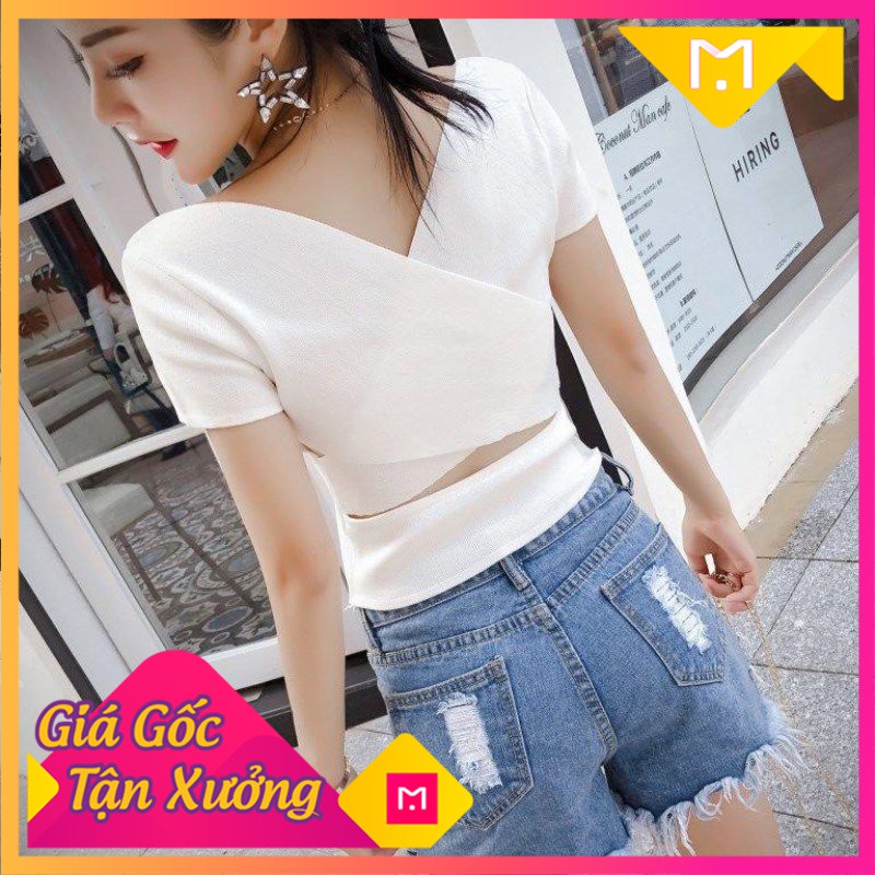 Áo Thun Tay Ngắn, Áo Croptop Cổ chữ V Chéo Phía Sau HH037