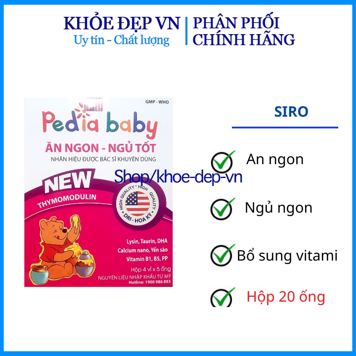 Siro ăn ngon ngủ ngon Pedia baby tắng sức đề kháng và hâsp thụ thức ăn  hộp 20 ống