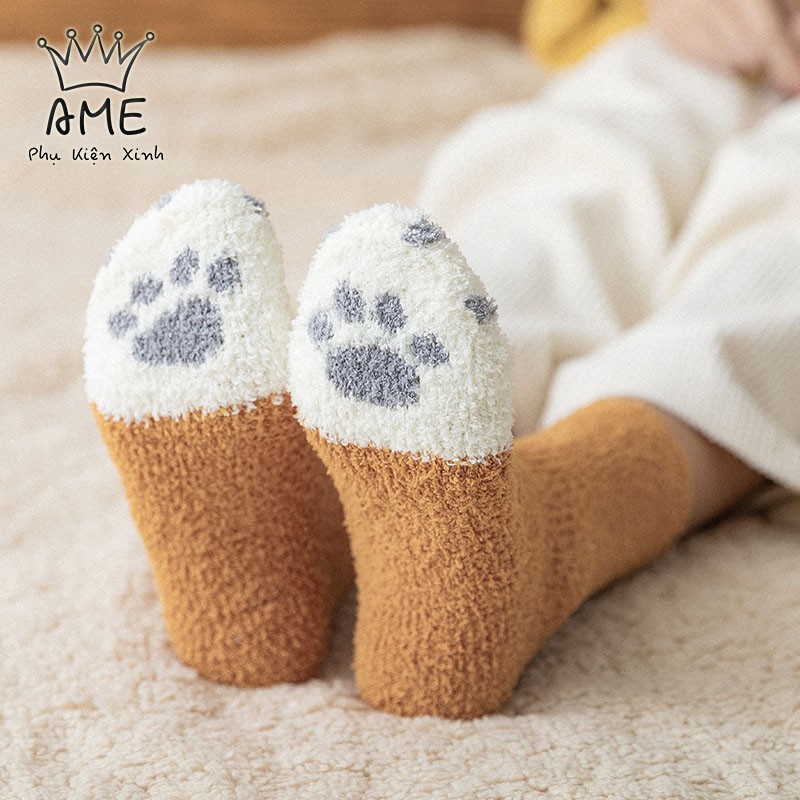 Tất chân , vớ chân nữ len bông giữ ấm hình chân mèo ,  dày chất bông xù Ame Beauty - ND14