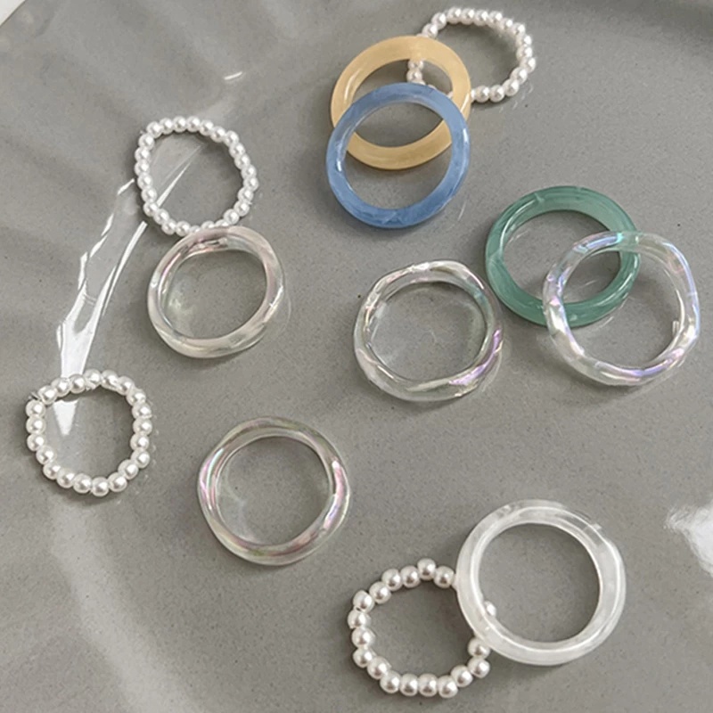 Bộ 3 Nhẫn Đính Ngọc Trai Acrylic Thời Trang Hàn Quốc