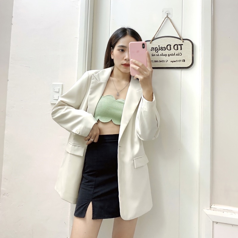 Áo khoác blazer màu trắng kem dáng xuông