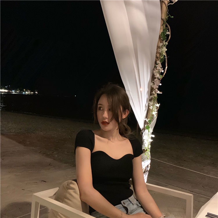 COZOK Áo Dệt Kim Tay Ngắn Trễ Vai Thiết Kế Xẻ Tà Quyến Rũ