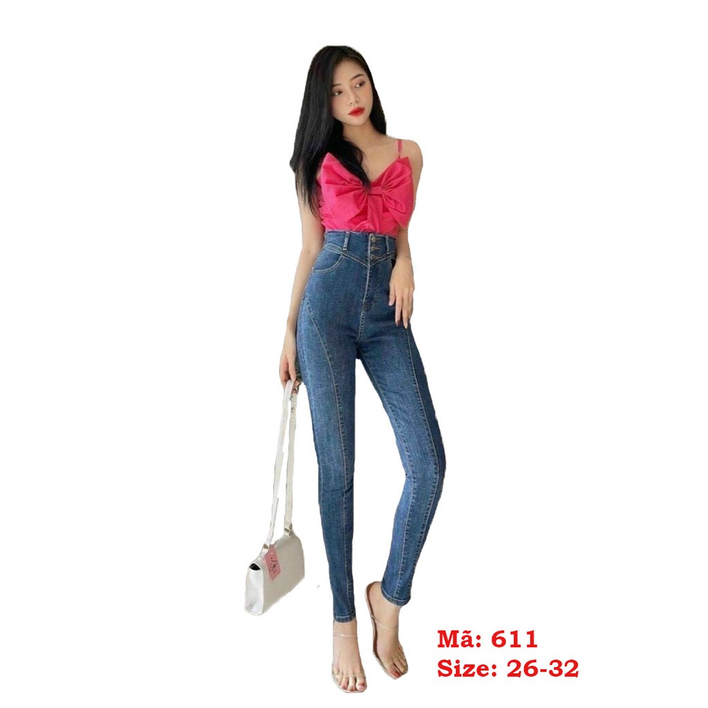 Quần Jean Nữ Hot Trend ❤️FREESHIP❤️ Quần Bò Nữ Mẫu Mới Phối Lưng Kiểu 3 Nút Vải Co Giãn Mạnh, Mềm Mịn A-T Fashion-Mã 611