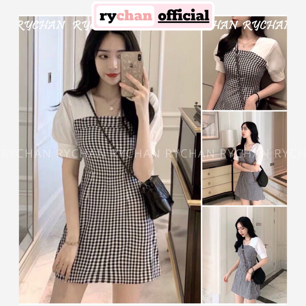 Đầm Xoè Chữ A Caro Cổ Vuông Phối Tay Trắng [ẢNH THẬT CUỐI] - DX716