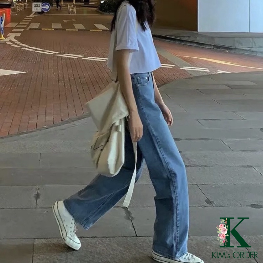 Quần Jean nữ ống suông trơn dài màu xanh nhạt basic lưng cao xu hướng thời trang Hàn Quốc đi học đi làm đi chơi