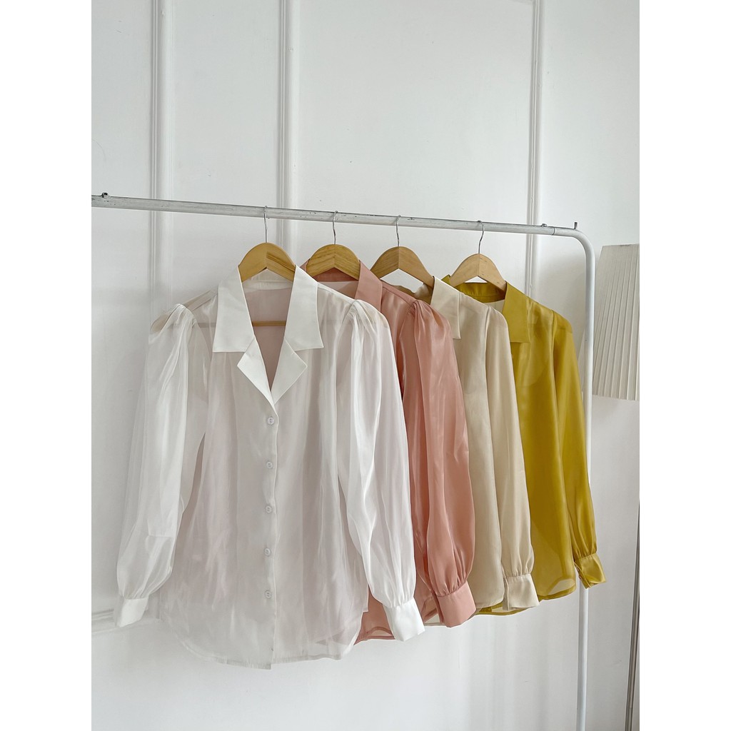 Áo sơ mi organza HEYBEE phom rộng phối cổ Danton, tay dài phồng nhiều màu - DREAMY SHIRT HT652