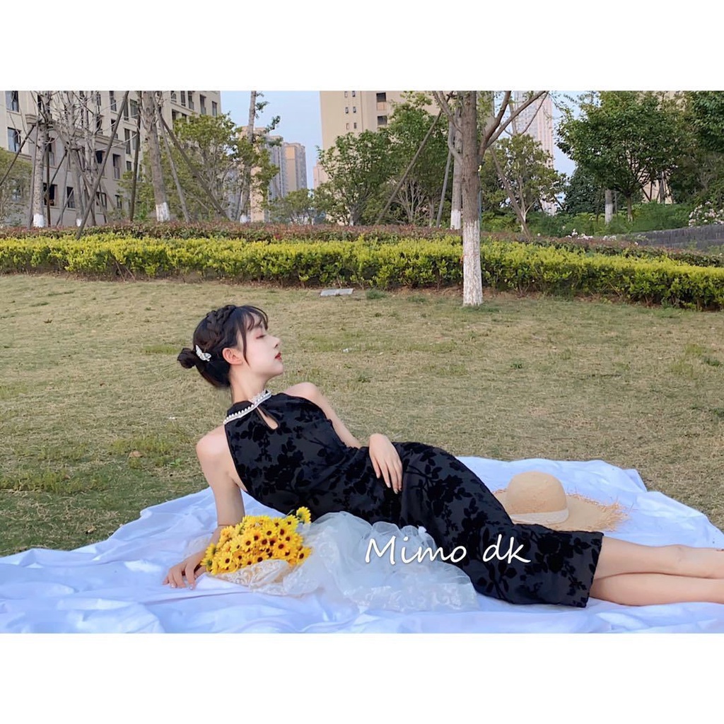 [M &amp; E] Đầm Sườn Xám Cách Tân Không Tay Dáng Vừa Màu Đen Đính Ngọc Trai Thanh Lịch Phong Cách Trung Hoa Cổ Điển