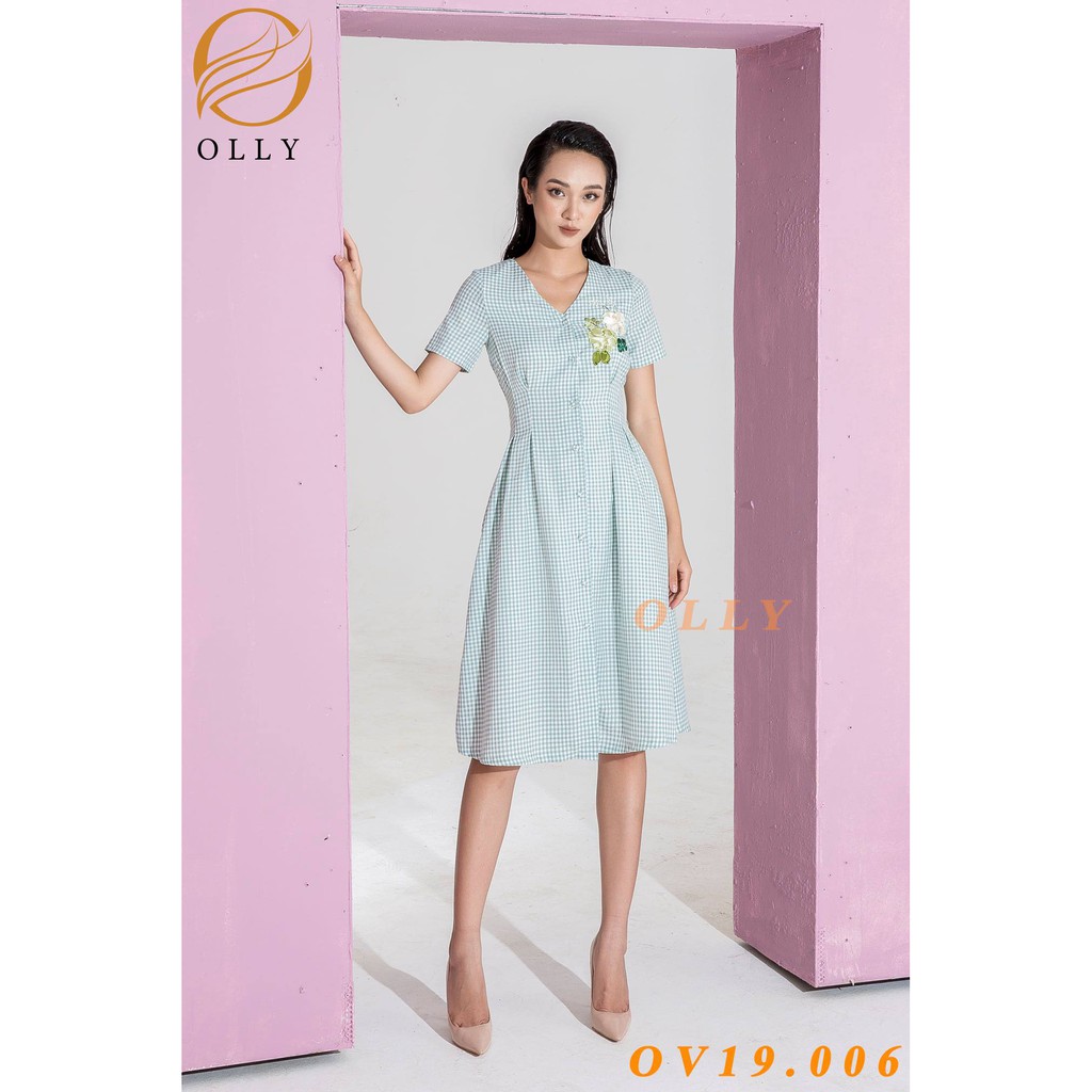 Đầm Caro Thêu Hoa, Dáng Váy Xòe Nữ Tính, Chất Đũi Thoáng Mát Cao Cấp Mã OLLY_OV19.006 | BigBuy360 - bigbuy360.vn