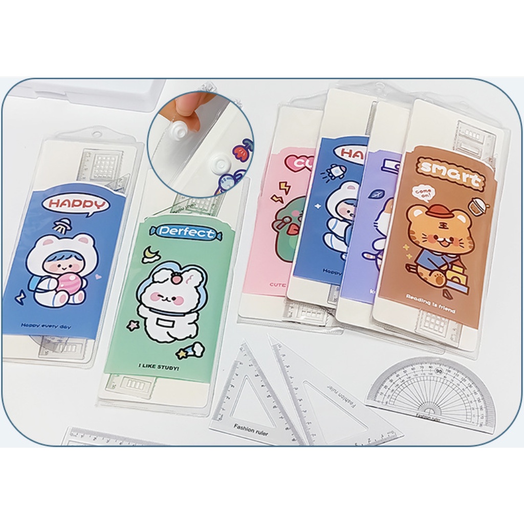 Thước kẻ nhựa 20cm dễ thương cho học sinh, Bộ eke 4 thước trong suốt nhựa cao cấp đa năng tiện lợi
