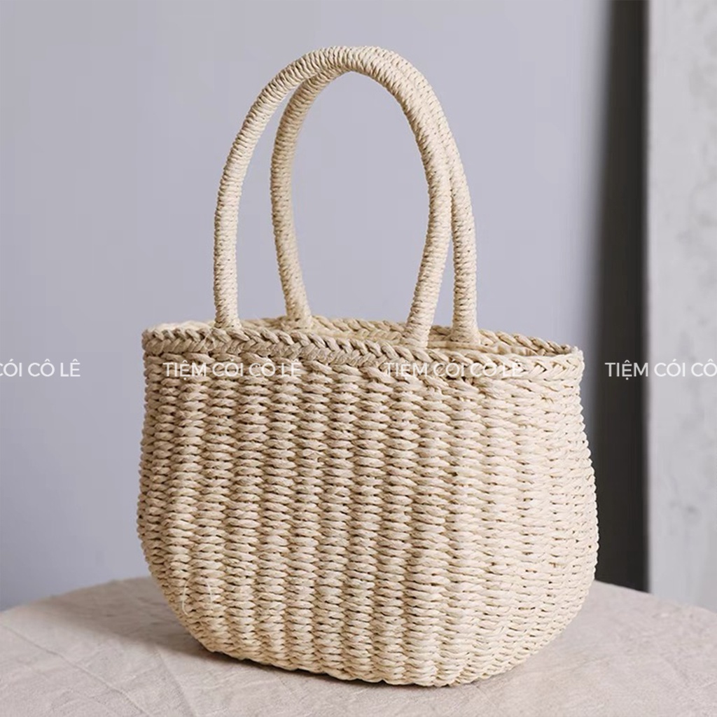 Túi cói bầu đính nơ ren đi biển phong cách vintage - Tiệm Cói Cô Lê