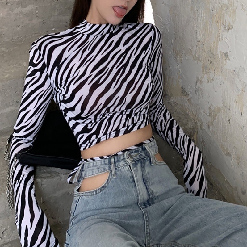 IELGY Áo Thun Lửng Tay Dài Hở Lưng Ôm Dáng In Họa Tiết Ngựa Vằn Cho Nữ