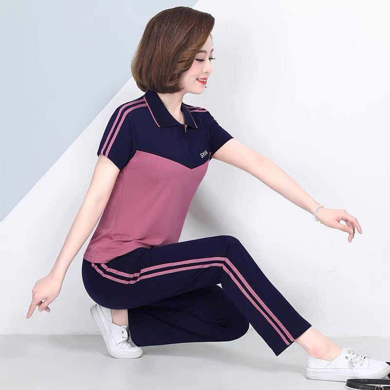 Bộ Đồ Thể Thao Hai Mảnh Áo Thun Tay Ngắn Phong Cách Phương Tây Thời Trang Mùa Hè Mới 2022 Dành Cho Phụ Nữ Trung Niên