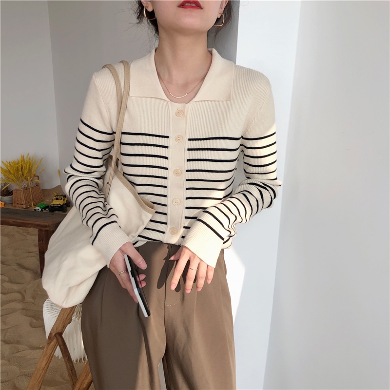 Áo sweater nữ cổ polo dáng ôm họa tiết kẻ sọc dễ phối đồ phong cách Hàn Quốc thời trang