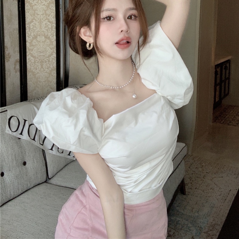 SUXI Áo Tay Phồng Ngắn Cổ Vuông Màu Sắc Đơn Giản Thời Trang Mùa Hè Cho Nữ